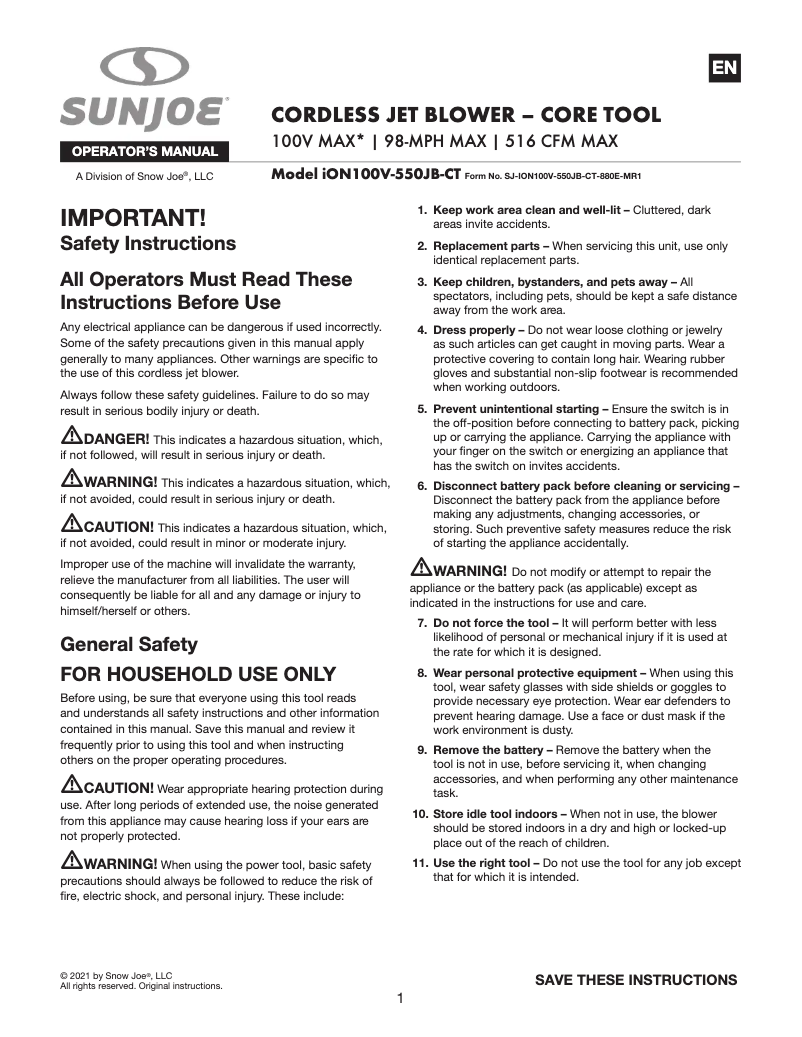 Página 1 del manual Manual de usuario Sun Joe ION100V-550JB-CT
