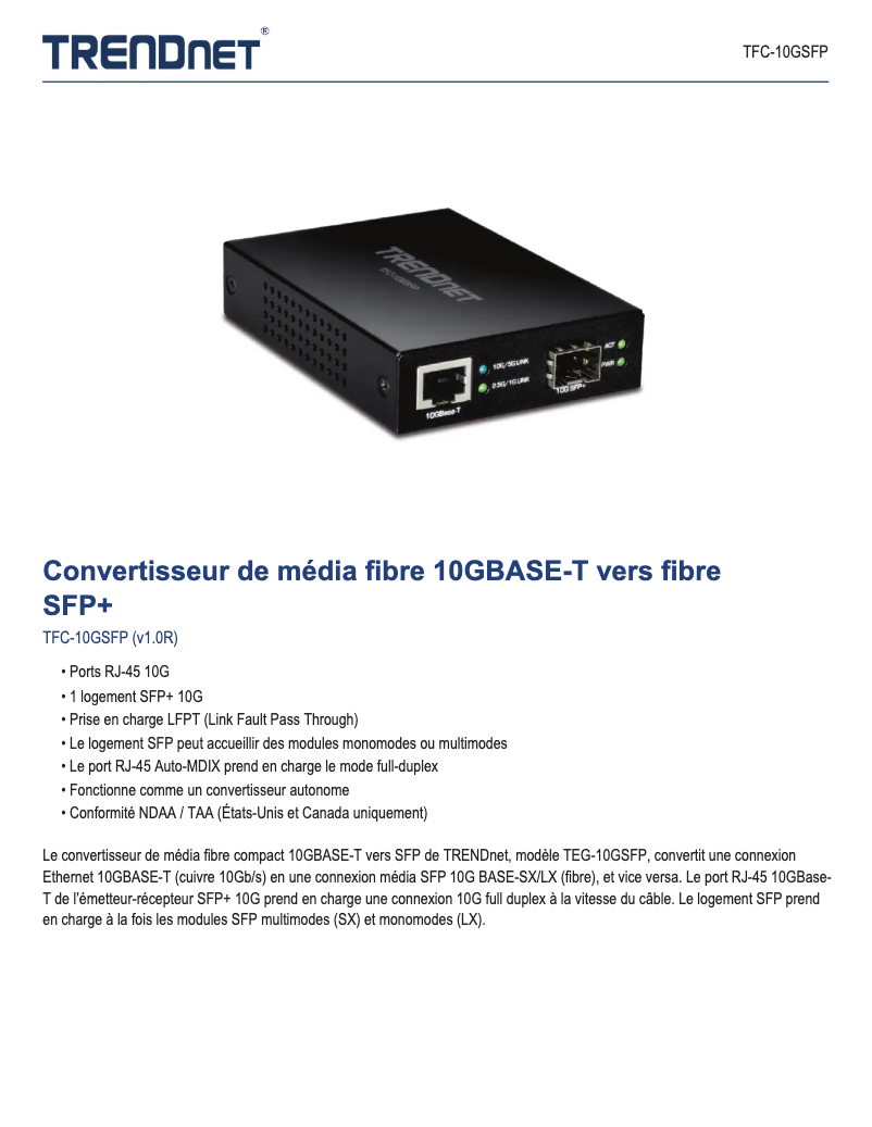 Imagen de la primera página del manual del dispositivo TFC-10GSFP