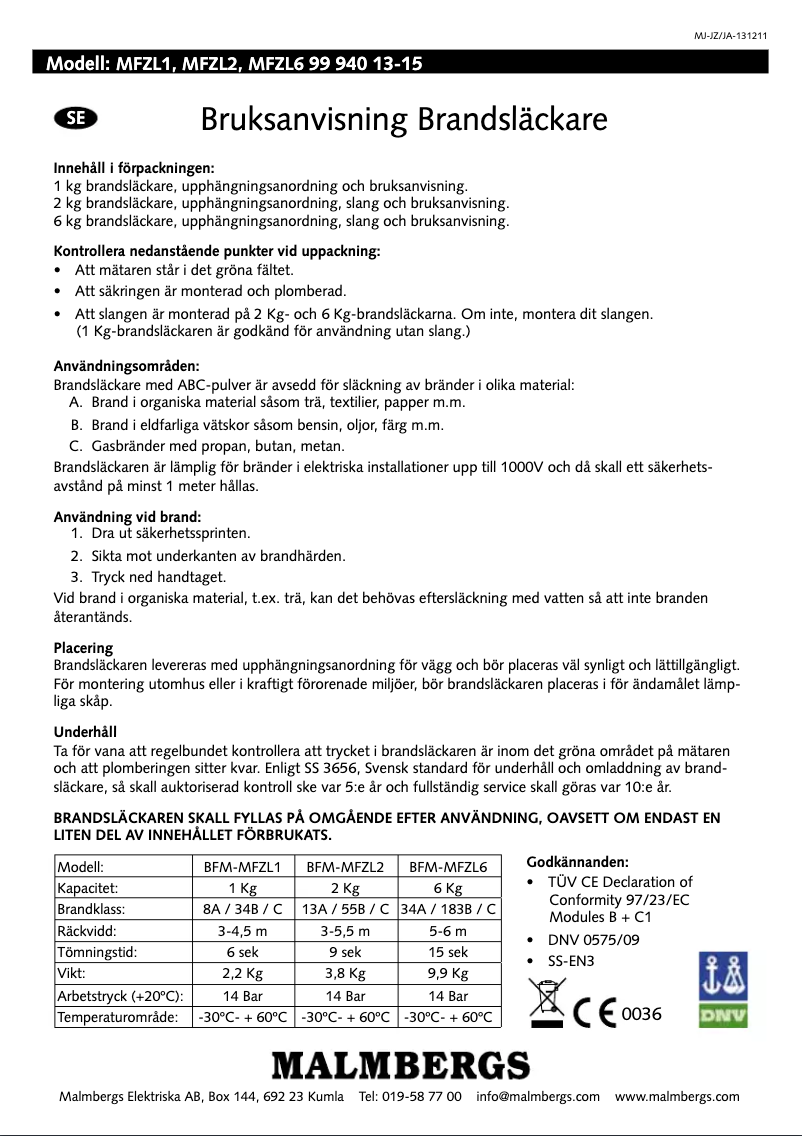 Página 1 del manual Manual de usuario Malmbergs MFZL1