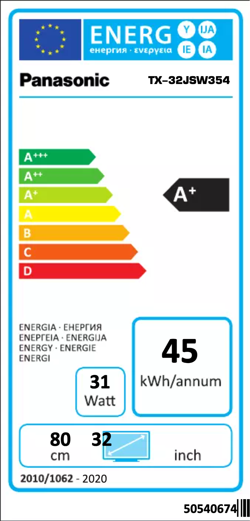 Página nº 1 - Etiqueta energética Panasonic TX-32JSW354