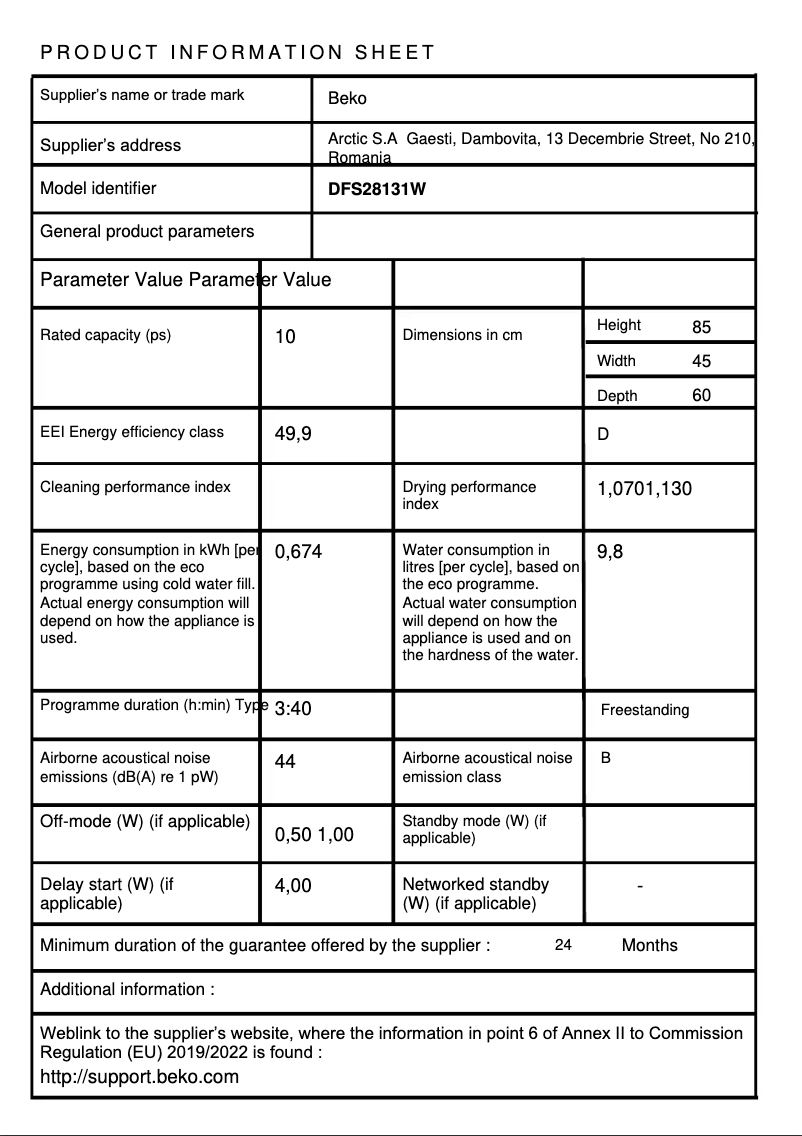 Página 1 del manual Ficha técnica Beko DFS28131W