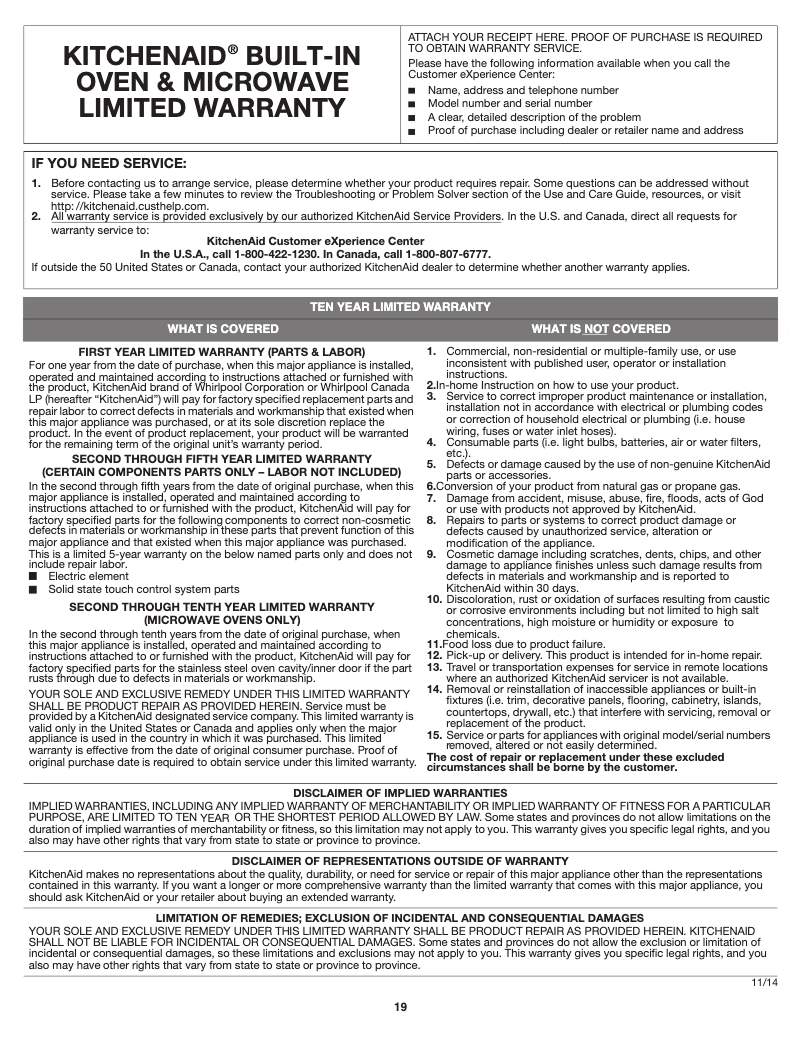 Página 1 del manual Información de garantía KitchenAid KOCE500EWH