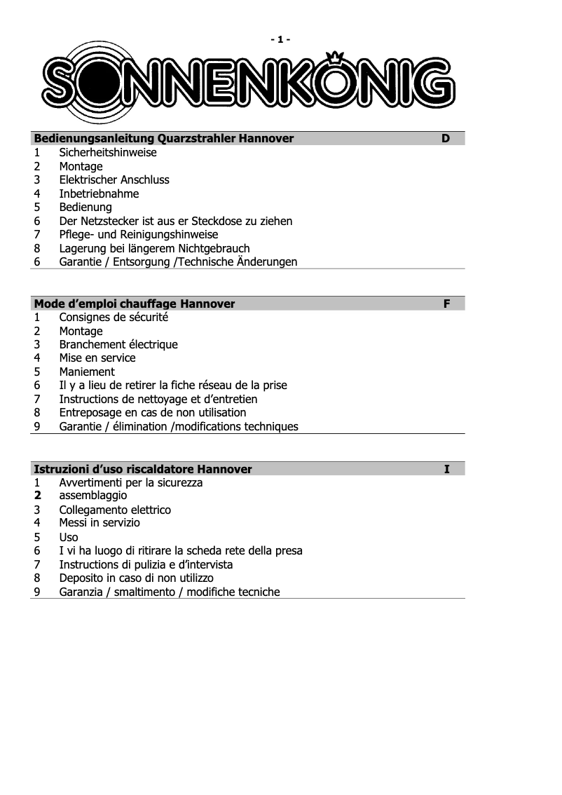Página nº 1 - Manual de usuario Sonnenkönig Hannover