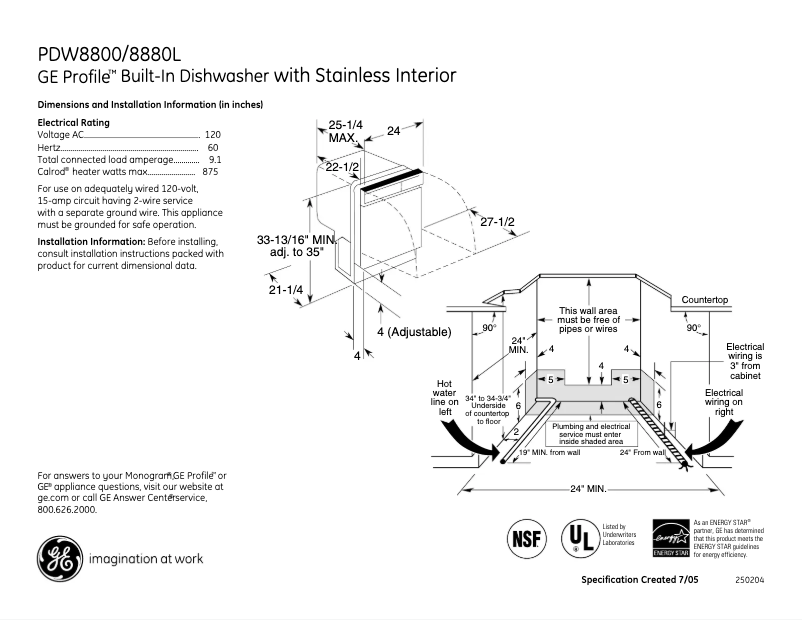Página 1 del manual Ficha técnica GE Profile PDW8880LSS