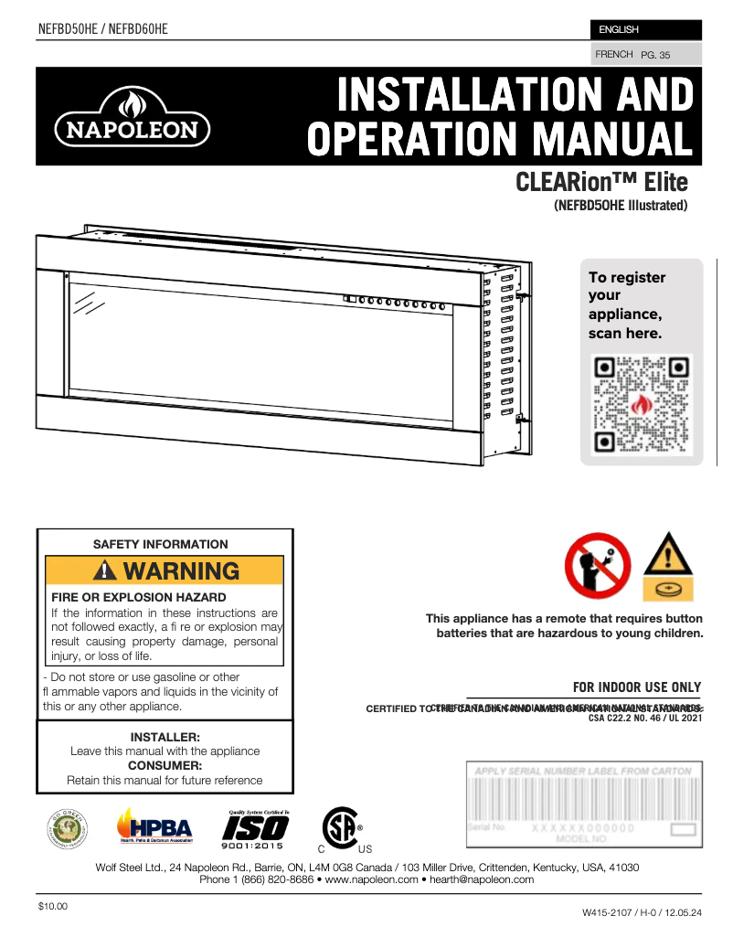 Página nº 1 - Manual de usuario Napoleon CLEARion Elite NEFBD50HE