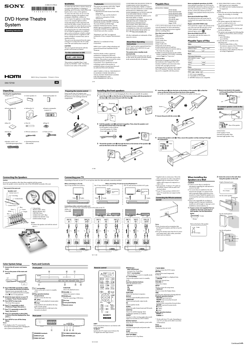 Página nº 1 - Manual de usuario Sony DAV-TZ150