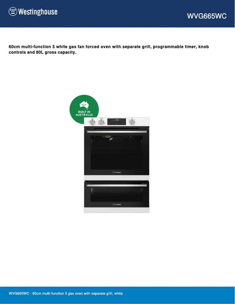 Página 1 del manual Ficha técnica Westinghouse WVG665WC