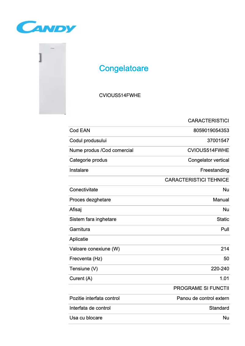 Página 1 del manual Ficha técnica Candy CVIOUS514FWHE