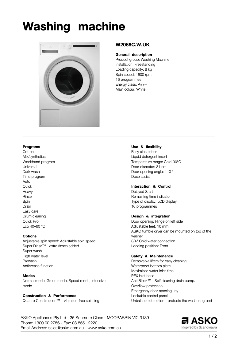 Página 1 del manual Ficha técnica Asko W2086C