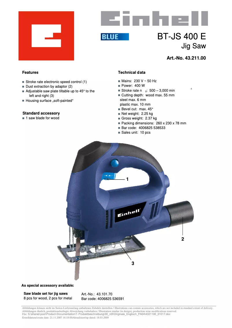 Página 1 del manual Ficha técnica Einhell BT-JS 400E