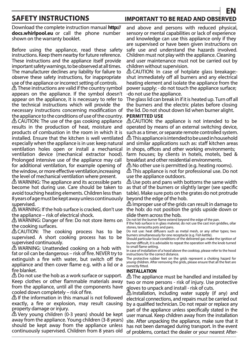 Página 1 del manual Instrucciones / montaje Whirlpool GOWL 928/NB