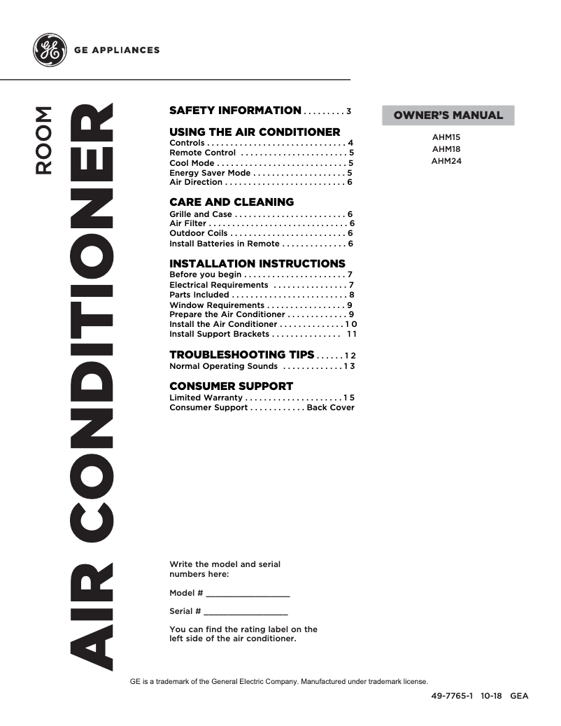 Página 1 del manual Manual de uso y mantenimiento GE AHM15AW