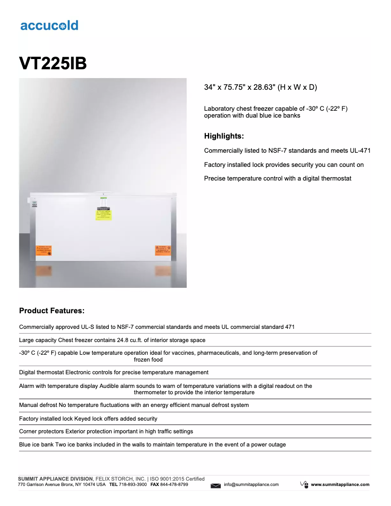 Imagen de la primera página del manual del dispositivo Accucold VT225IB