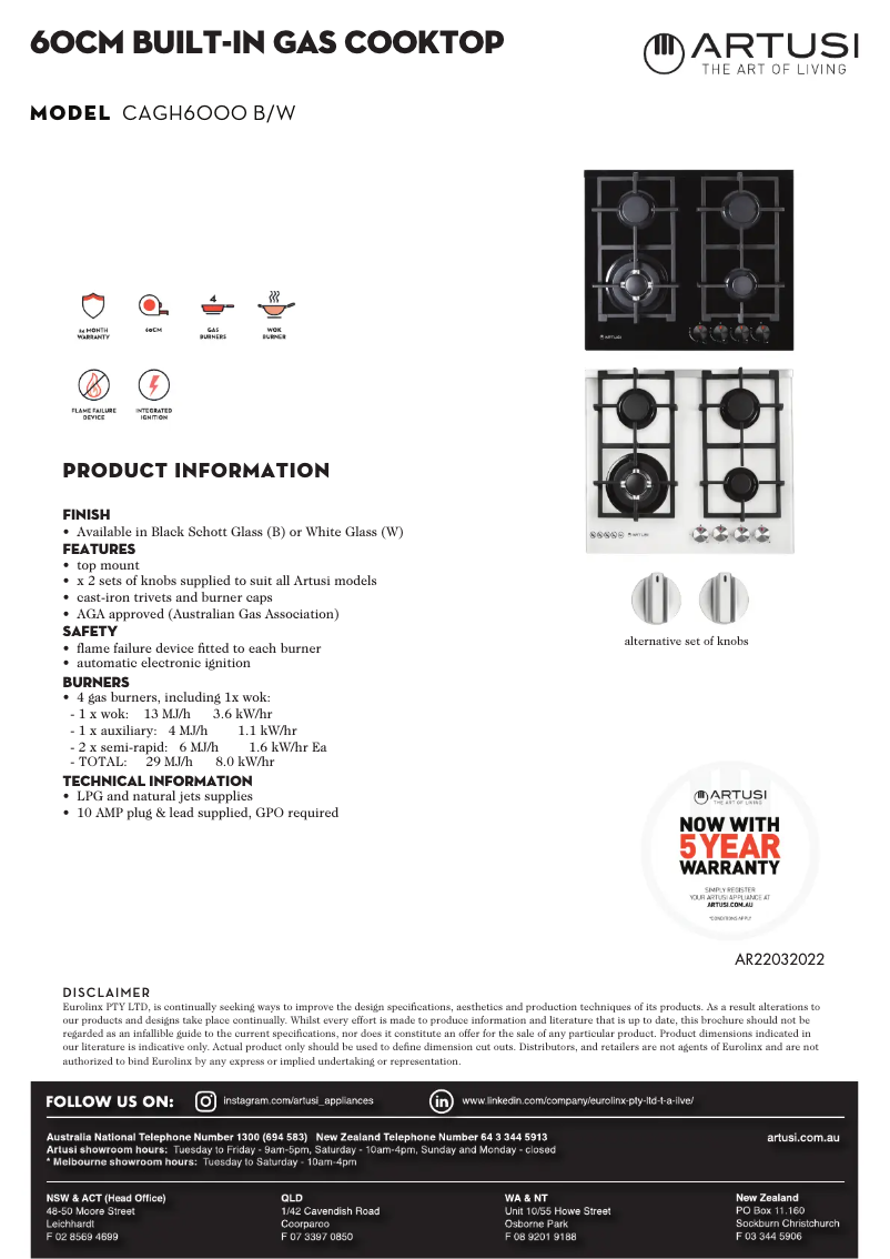 Página 1 del manual Ficha técnica Artusi CAGH6000