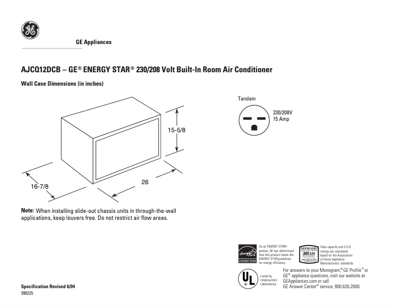 Página 1 del manual Ficha técnica GE AJCQ12DCB