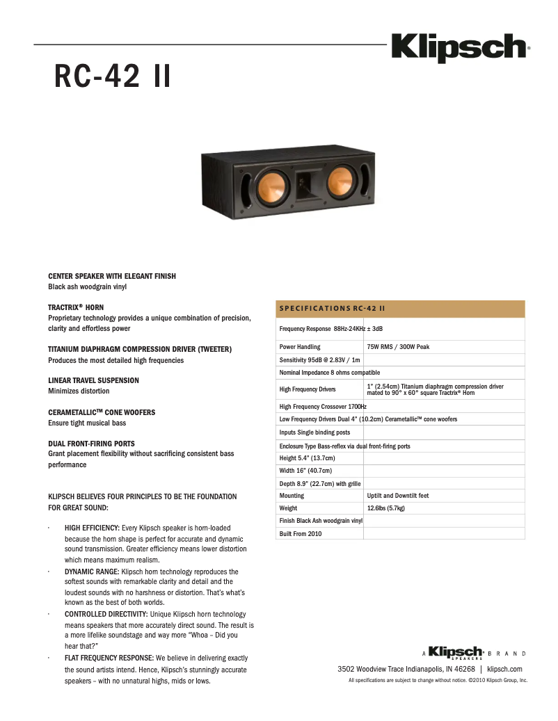 Página 1 del manual Ficha técnica Klipsch RC-42 II