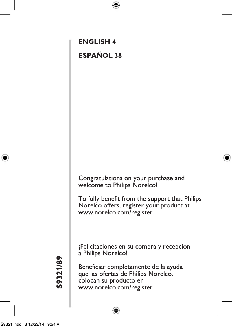 Imagen de la primera página del manual del dispositivo Norelco S9321