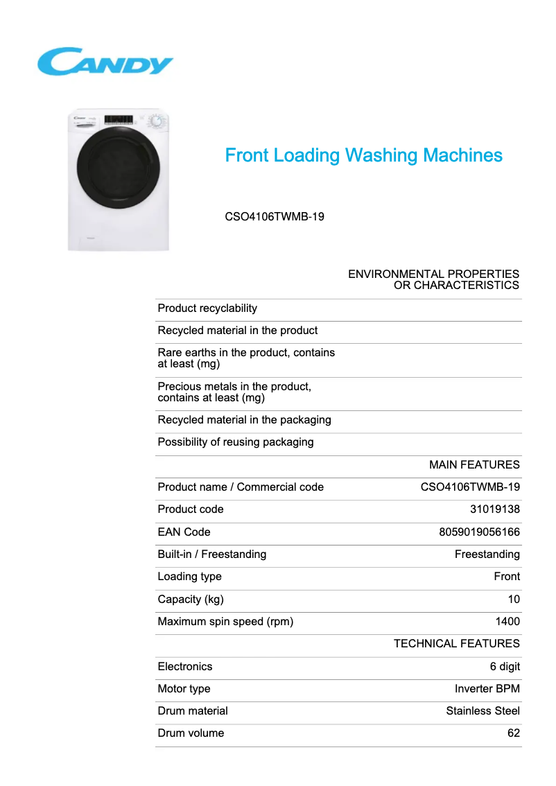 Página 1 del manual Ficha técnica Candy CSO4106TWMB-19