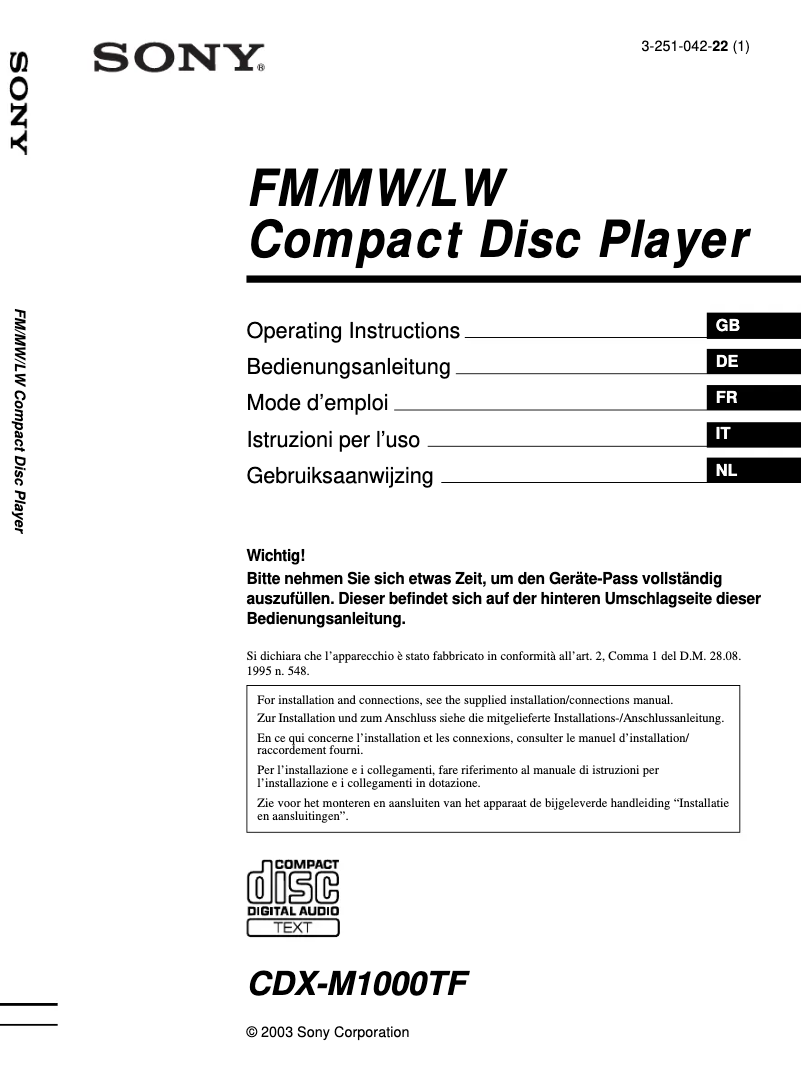 Imagen de la primera página del manual del dispositivo CDX-M1000TF