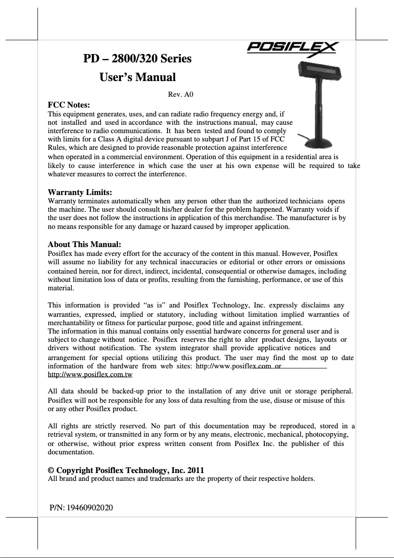 Página 1 del manual Manual de usuario Posiflex PD-2800UN