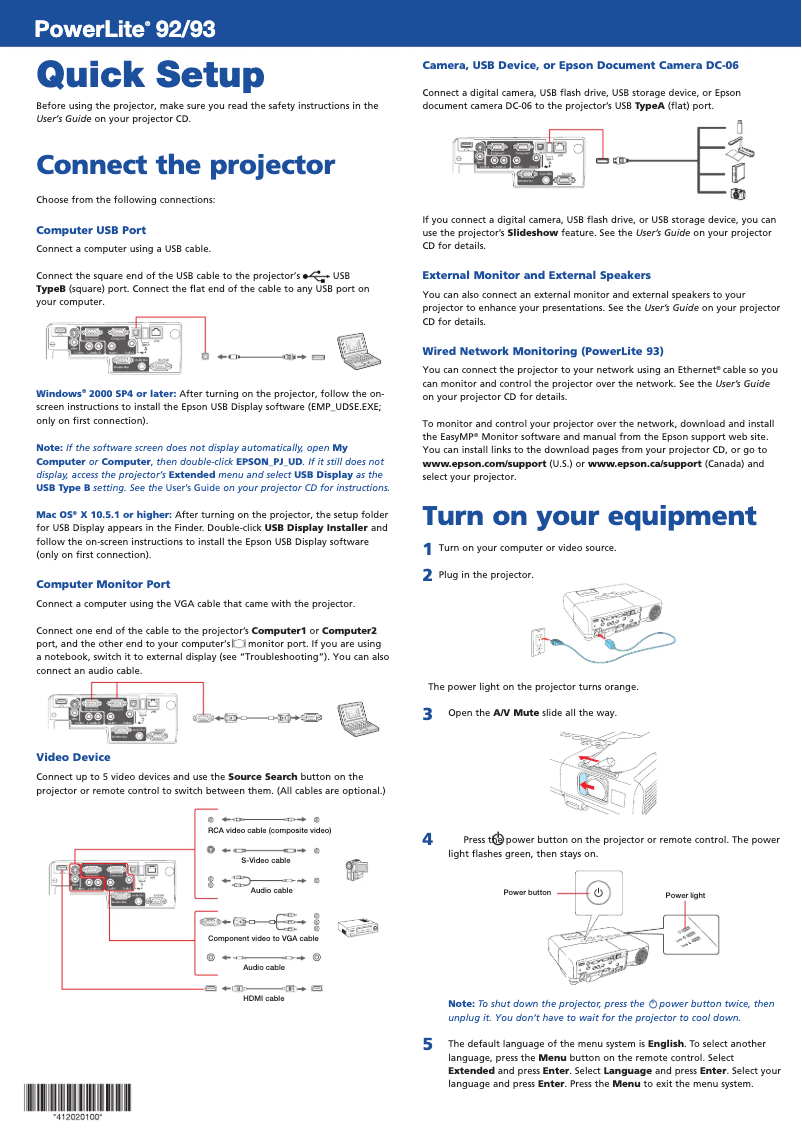 Imagen de la primera página del manual del dispositivo PowerLite 92