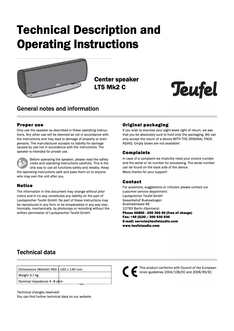 Página nº 1 - Manual de usuario Teufel LT5 Mk2 C