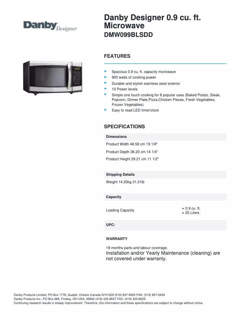 Página 1 del manual Ficha técnica Danby DMW099BLSDD