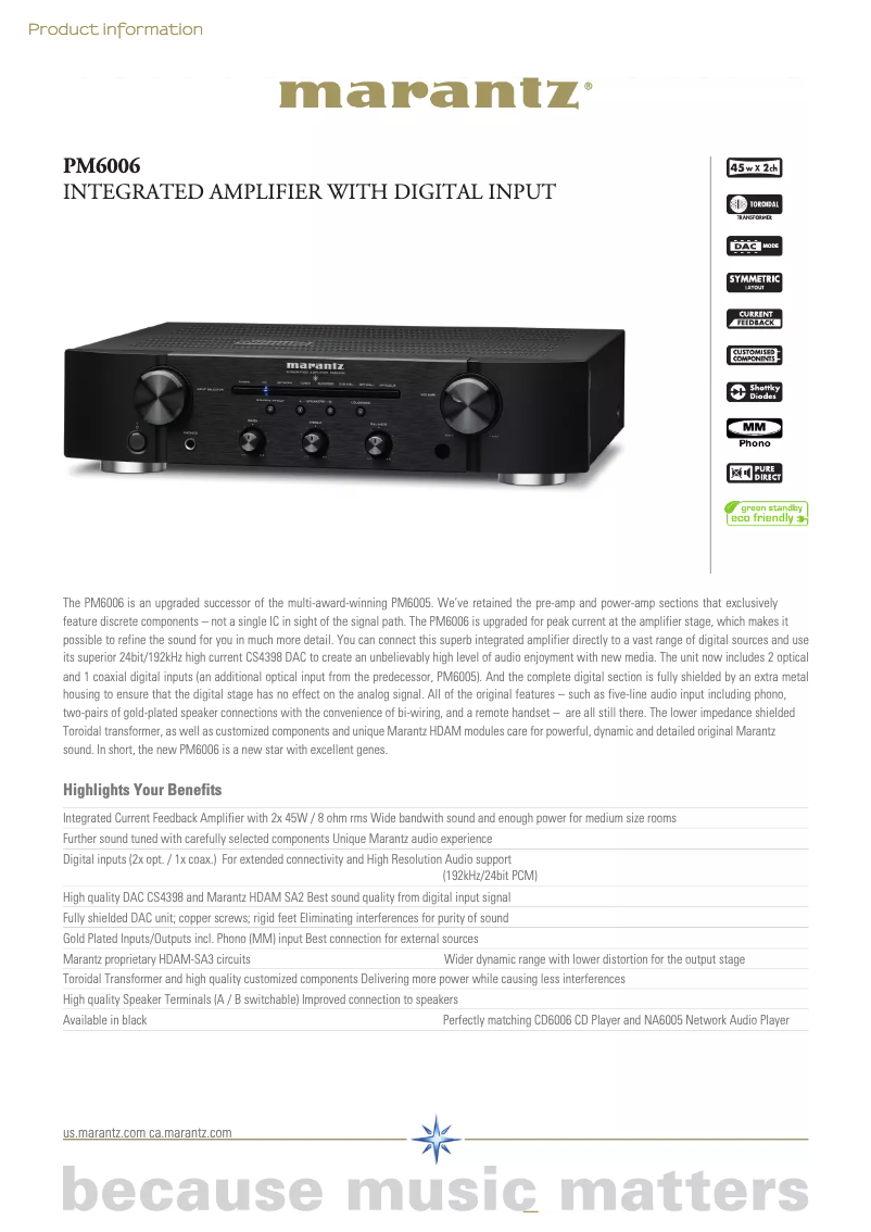 Página 1 del manual Ficha técnica Marantz PM6006