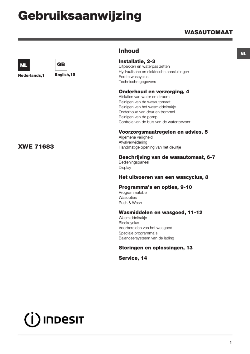 Página 1 del manual Manual de usuario Indesit XWE 71683X WSSS