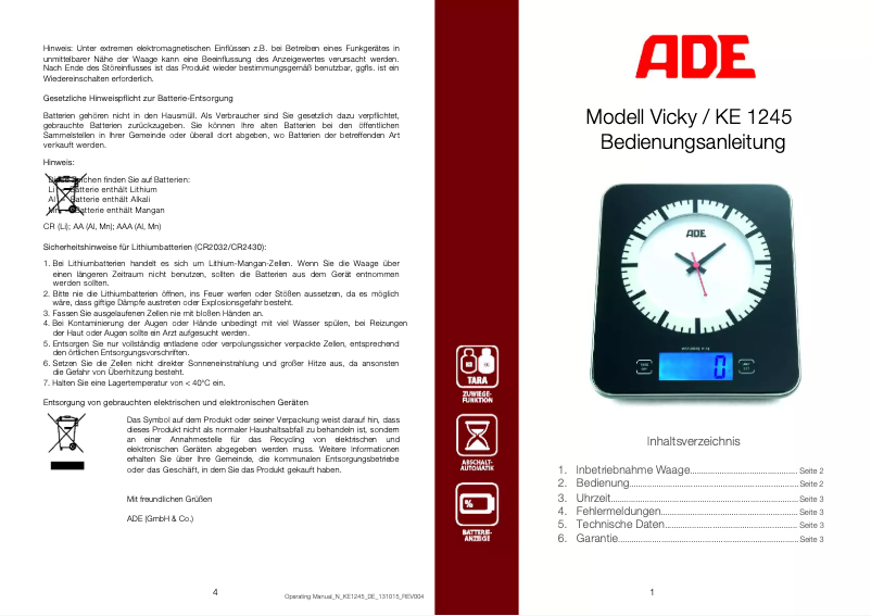 Imagen de la primera página del manual del dispositivo Vicky KE 1245