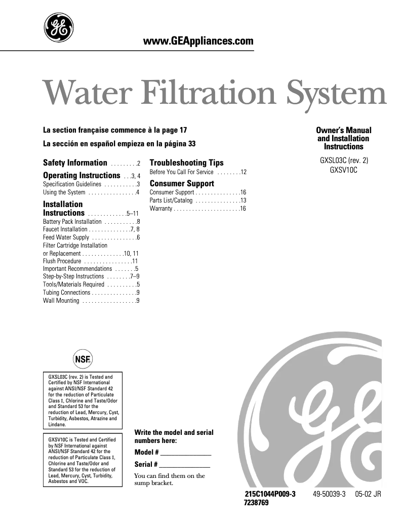 Página 1 del manual Guía de instalación GE GXSV10C