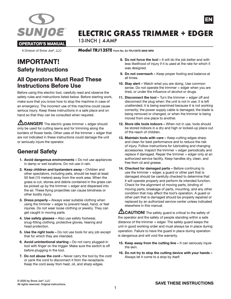 Página 1 del manual Manual de usuario Sun Joe TRJ13STE