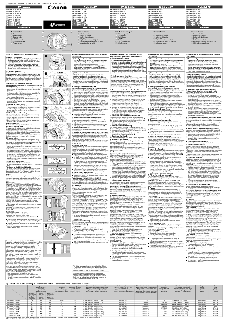 Imagen de la primera página del manual del dispositivo EF 85MM F/1.8 USM