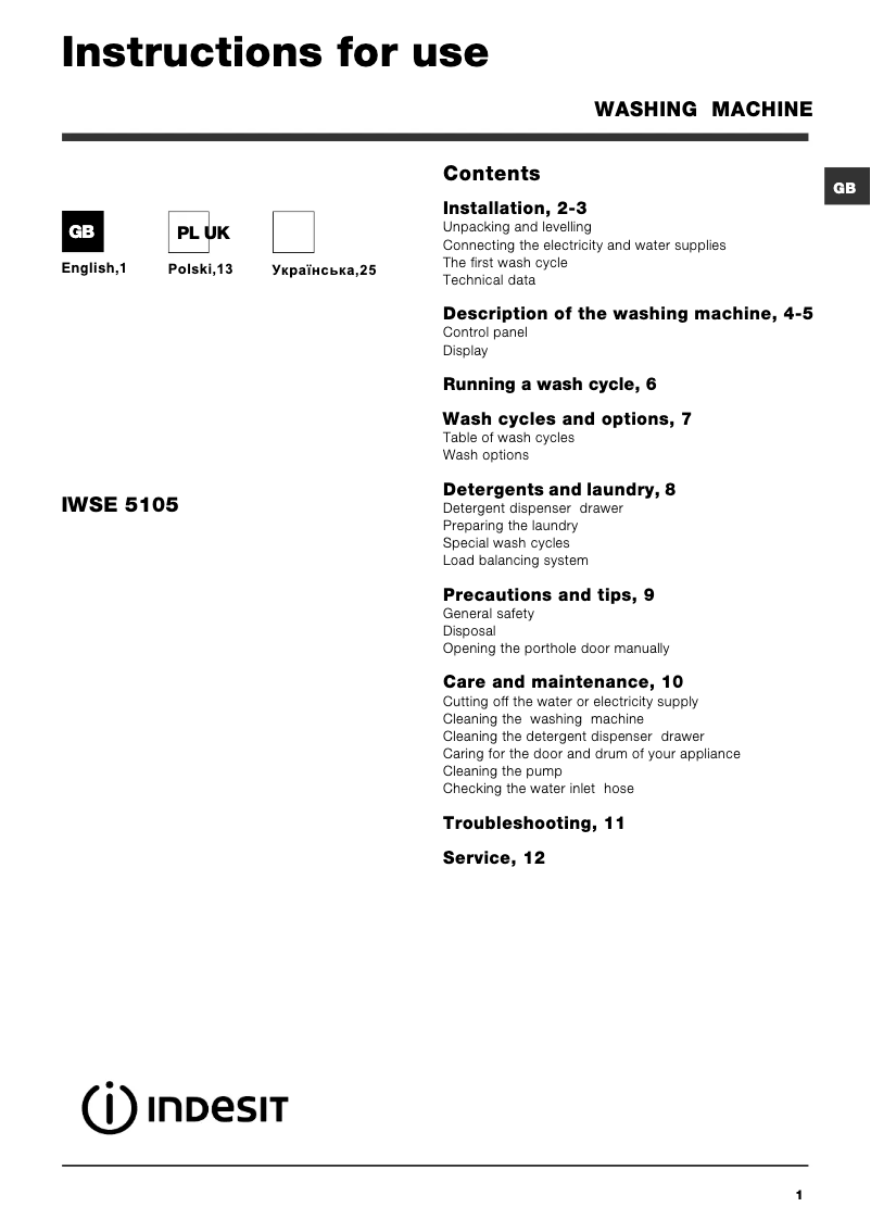 Imagen de la primera página del manual del dispositivo IWSE 5105 B