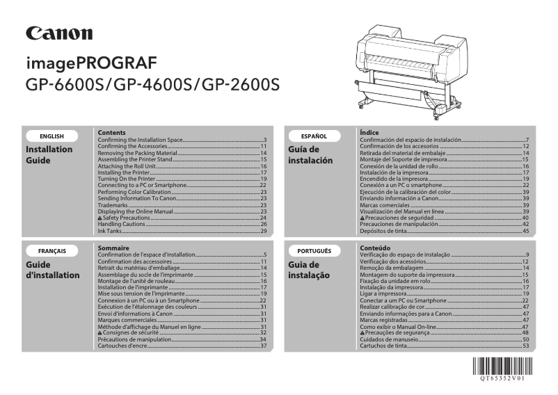 Imagen de la primera página del manual del dispositivo imagePROGRAF GP-4600S