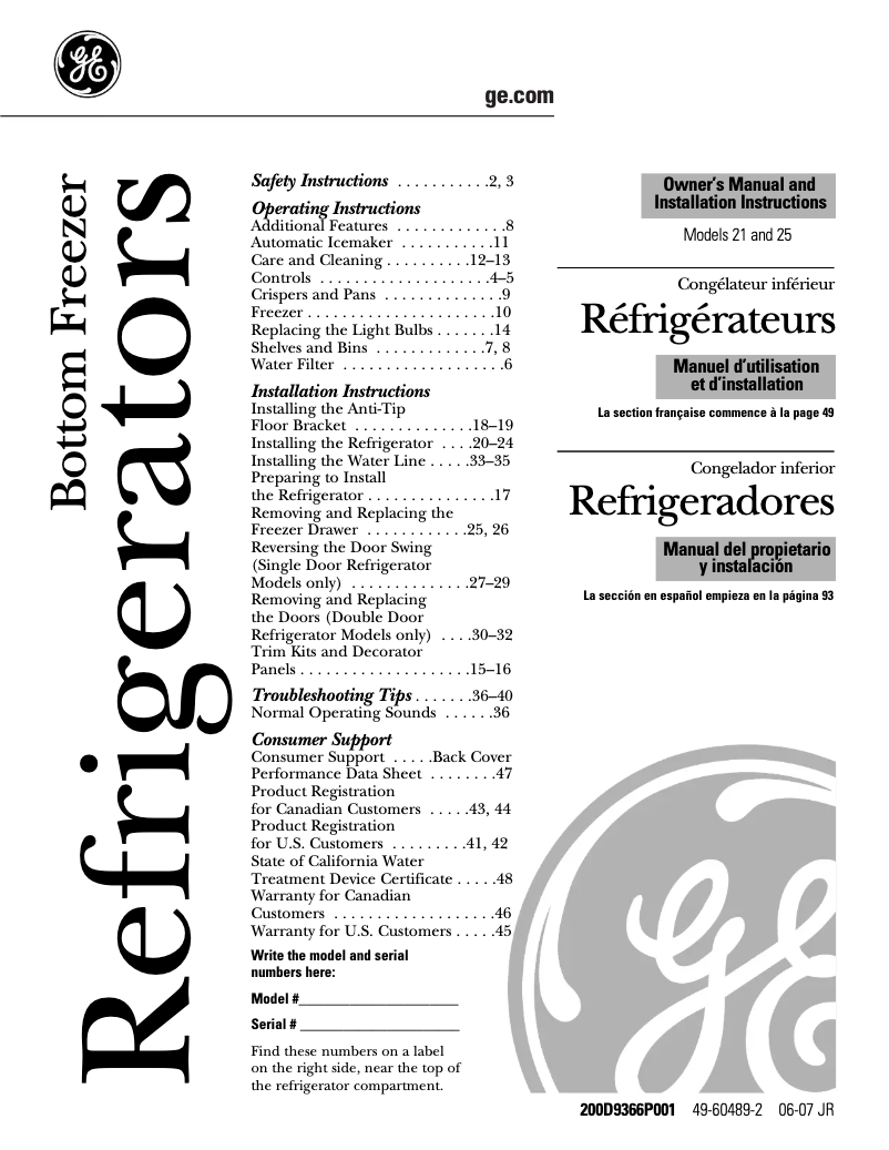 Página 1 del manual Manual de uso y mantenimiento GE Profile PFCF1NFWBB