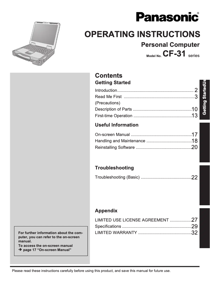 Imagen de la primera página del manual del dispositivo Toughbook CF-3