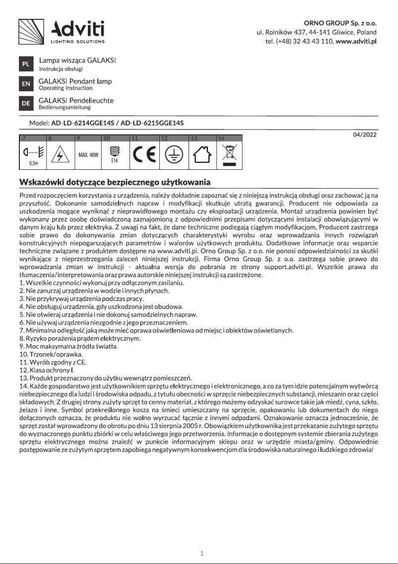 Página 1 del manual Manual de usuario Adviti AD-LD-6215GGE14S