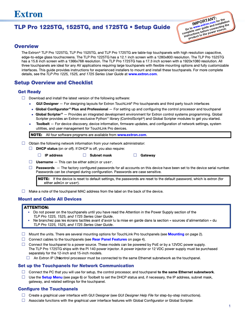 Página 1 del manual Manual de usuario Extron TLP Pro 1725TG