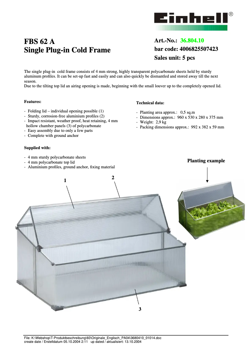 Página 1 del manual Ficha técnica Einhell FBS 62 A