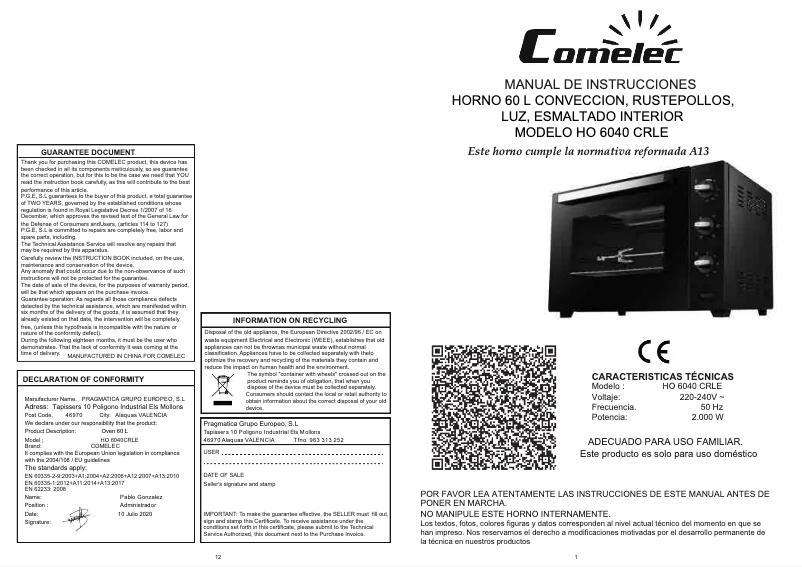 Imagen de la primera página del manual del dispositivo HO 6040 CRLE