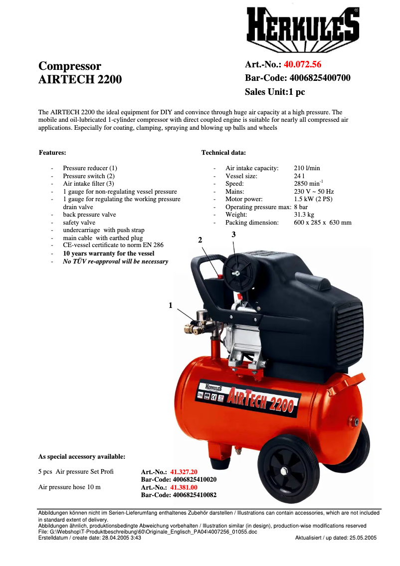 Página 1 del manual Ficha técnica Herkules Airtech 2200