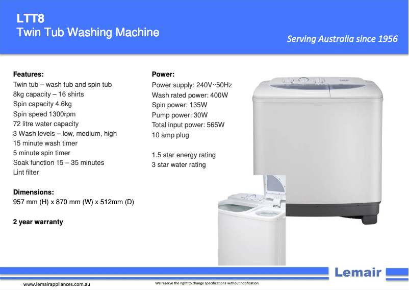 Página 1 del manual Ficha técnica Lemair LTT8