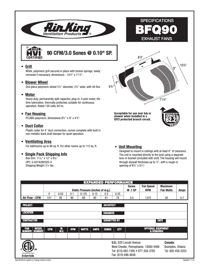 Página nº 1 - Ficha técnica Air King BFQ90