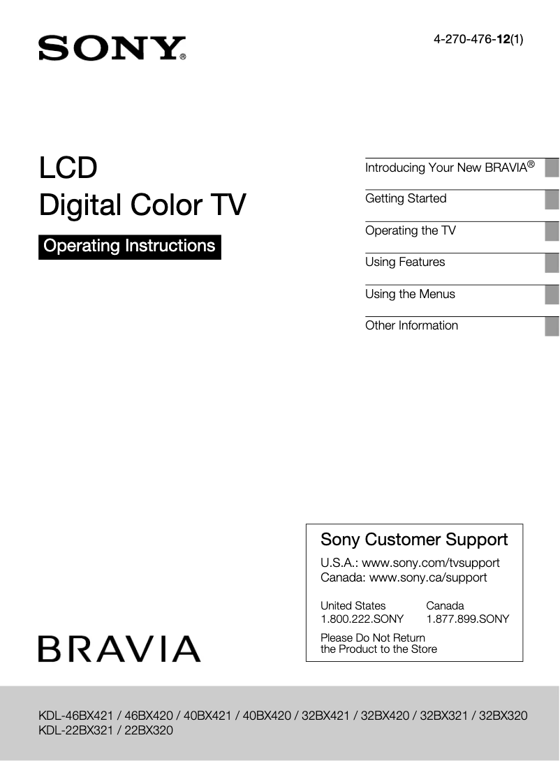 Imagen de la primera página del manual del dispositivo Bravia KDL-46BX420