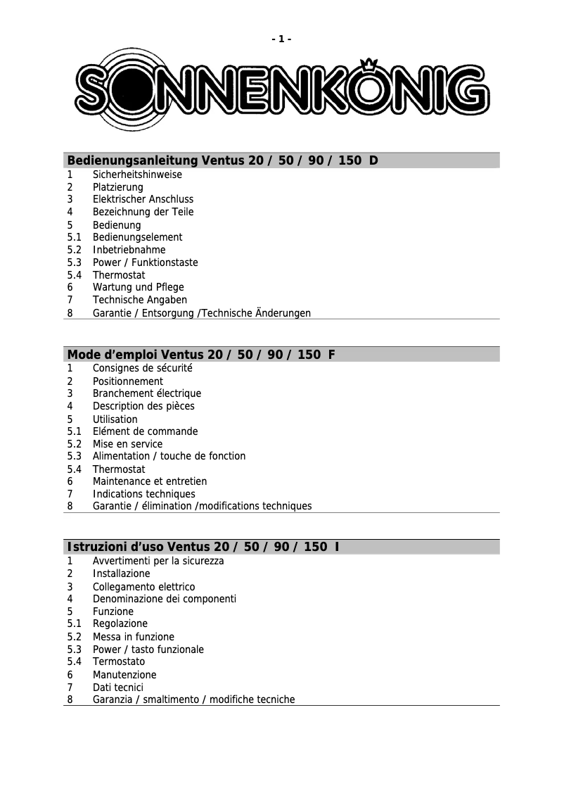 Página 1 del manual Manual de usuario Sonnenkönig Ventus 150