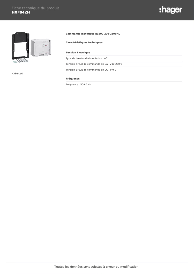 Página 1 del manual Ficha técnica Hager HXF042H