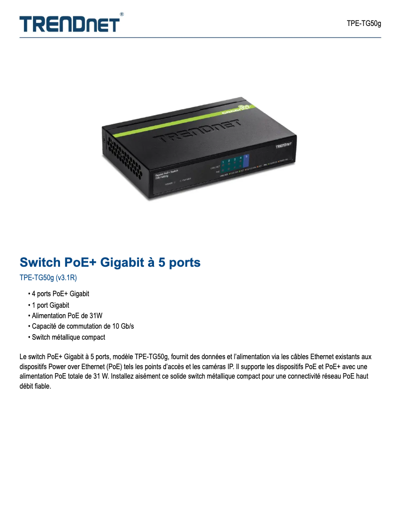 Página 1 del manual Ficha técnica TRENDnet TPE-TG50g