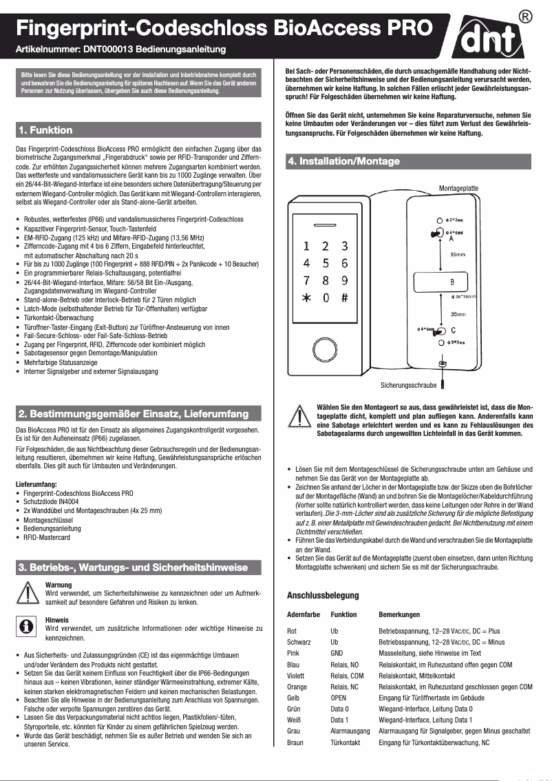 Imagen de la primera página del manual del dispositivo BioAccess PRO