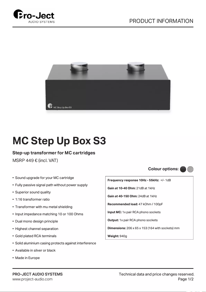 Página 1 del manual Ficha técnica Pro-Ject MC Step Up Box S3